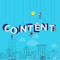 Flat design concept small people working typography word Ã¢â¬ÅCONTENTÃ¢â¬Â. Vector illustrate.